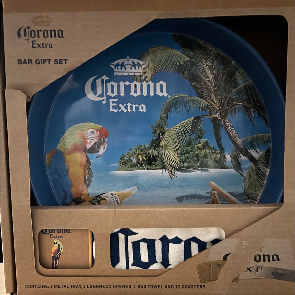 Corona Extra Bar Gift Set Metal Tray Bar Towel Coasters Bottle Opener NIB